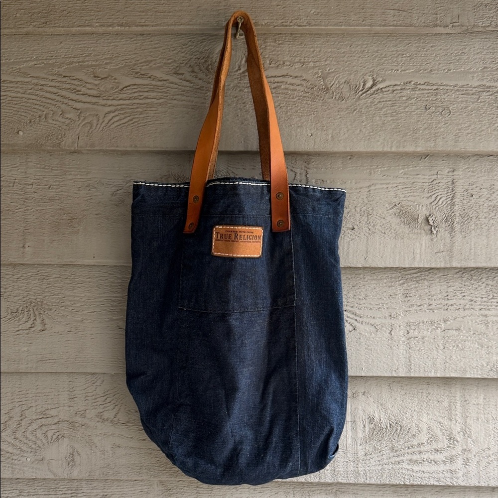 True Religion Denim Tote with Tan Leather Straps
